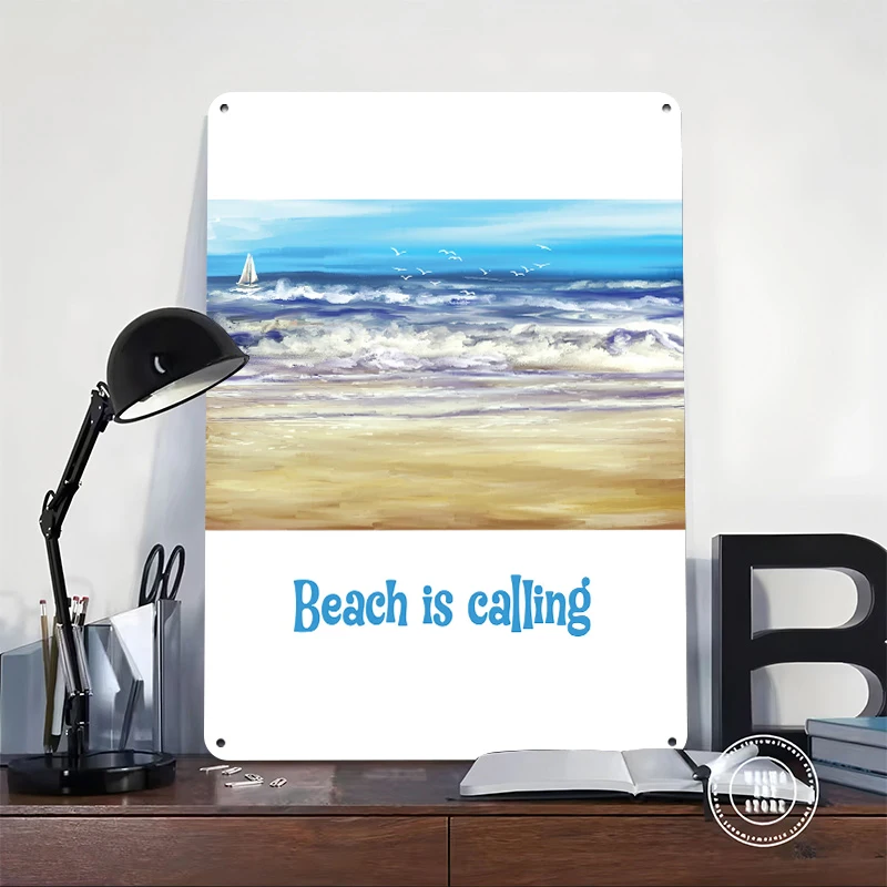 Beach Is Calling Peaceful Ocean Horizon Metal Poster Customized Wall Art Retro Vintage Metal Signs for Man Cave Bar Accessories