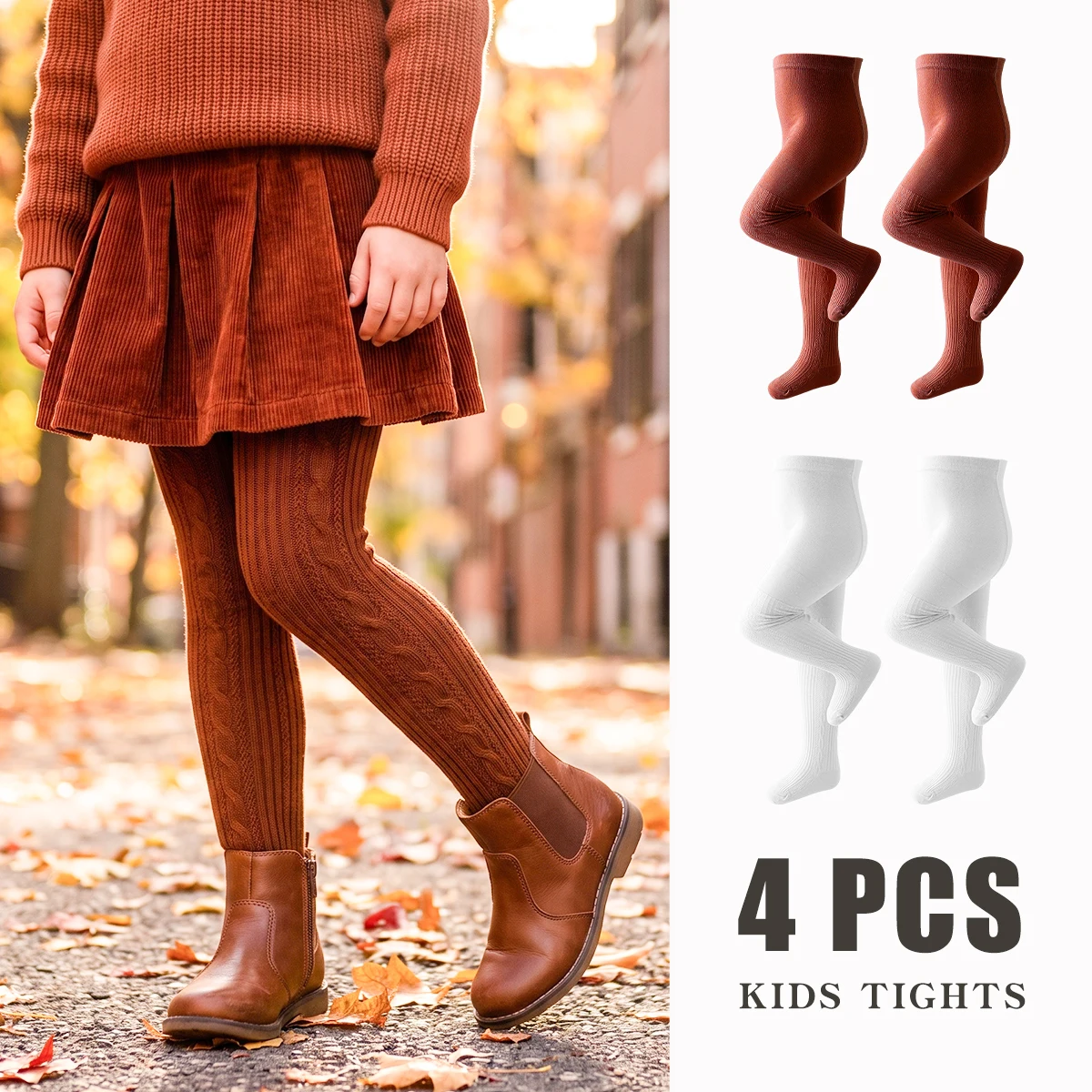 4PCS Basic Ribbed Girls Tights, Soft Breathable Baby Footed Stockings, Versatile Solid Color Kids Pantyhose