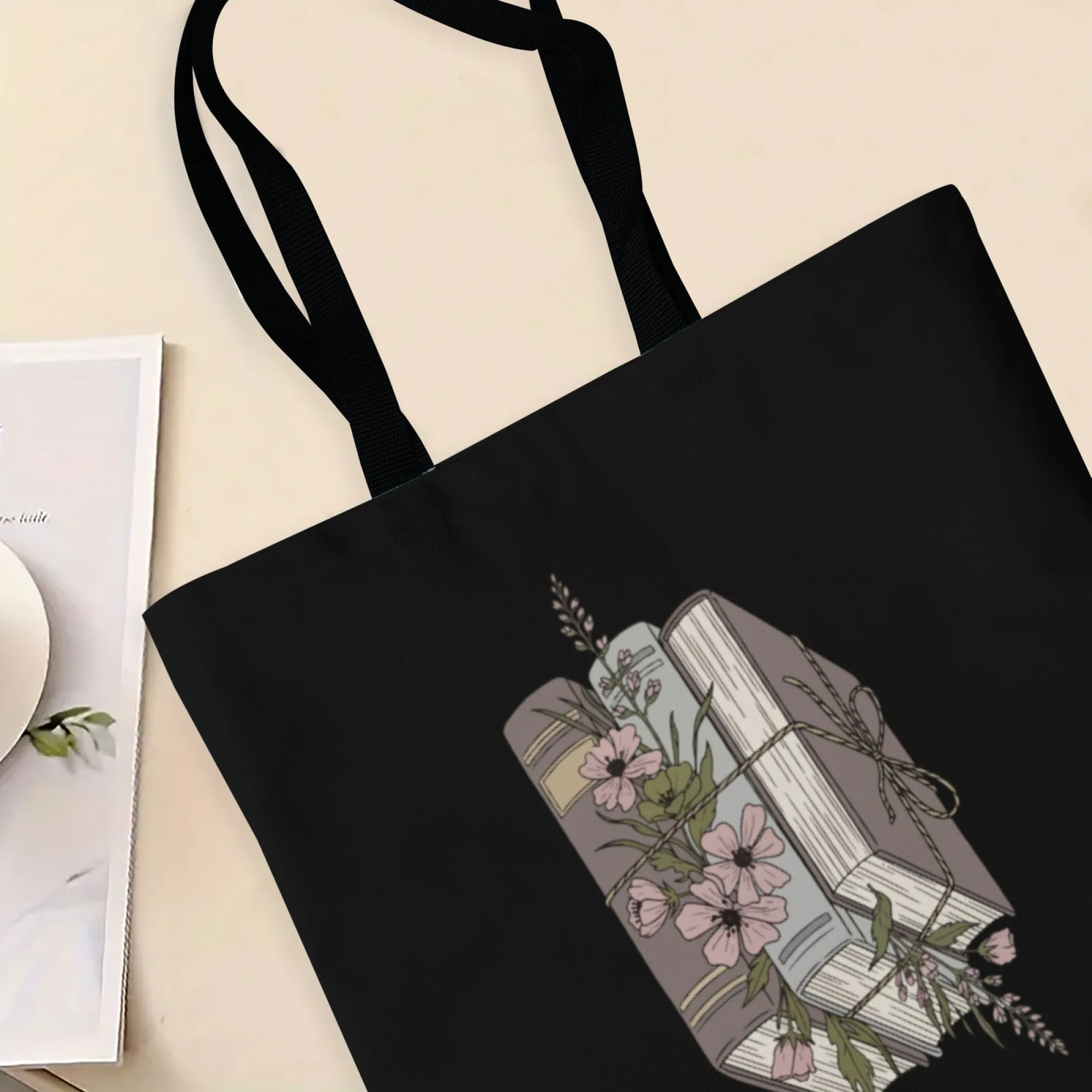 حقيبة كتف قماشية سوداء أدبية للكتاب وحقيبة كتف بتصميم زهور للنساء حقيبة تسوق صديقة للبيئة لزيارات مكتبة الكتب المدرسية وغير الرسمية #5
