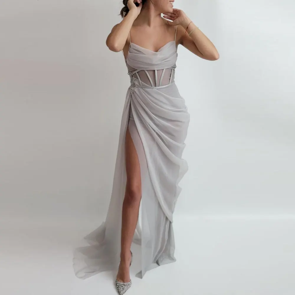 

Customized Evening Dress Spaghetti Straps Sleeveless Appliques Split Chiffon Women Formal Prom Party Elegant Gowns Vestidos