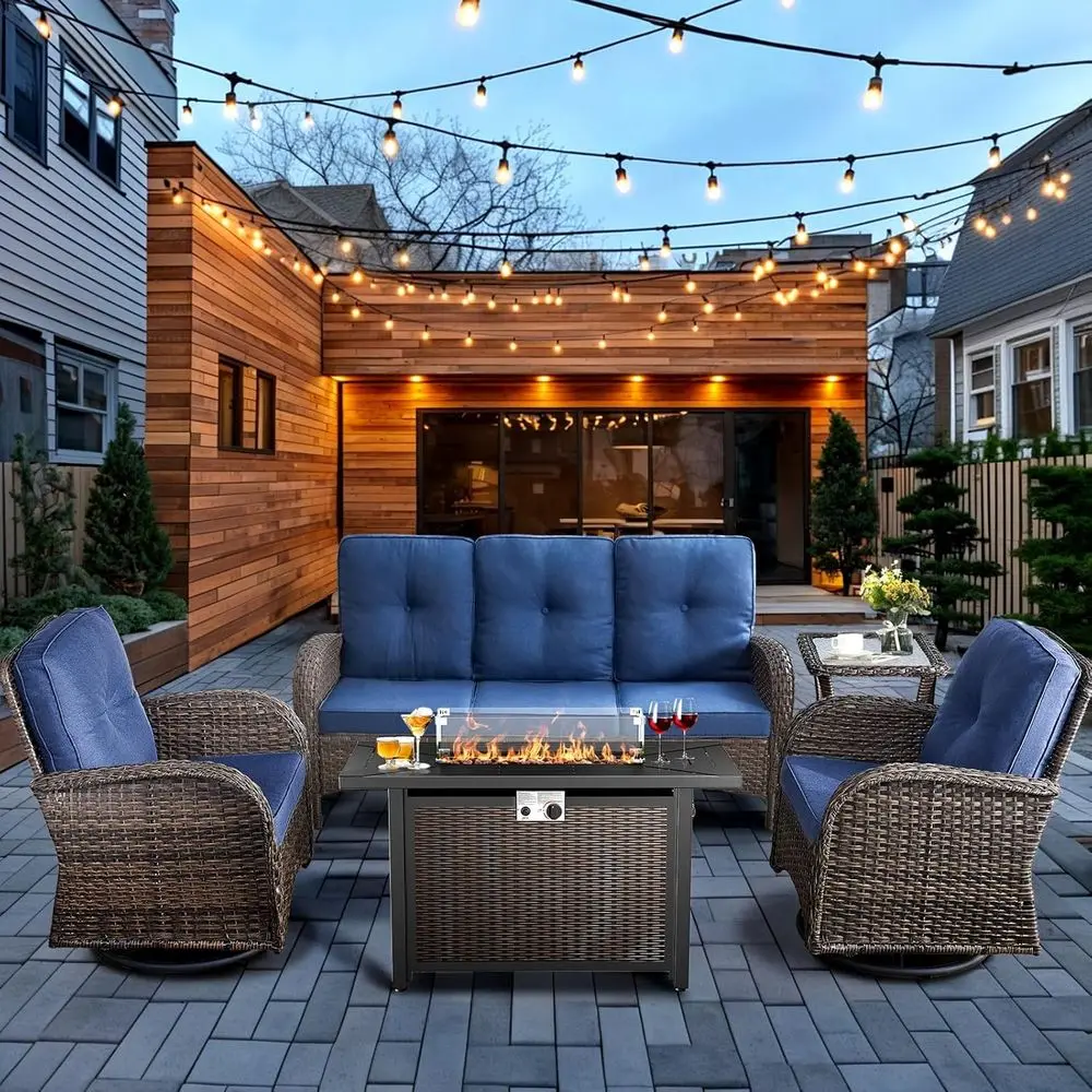 

Outdoor 5-Piece Patio Furniture Set with Fire Pit, Wicker Swivel Rocker Chairs for Deck or Poolside