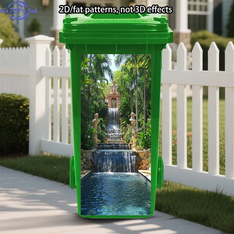 Luxury Tropical Trash Can Stickers Painting, Poolside Oasis Self-Adhesive Stickers, Elegant Waterfall Trash Can Decal Serene B