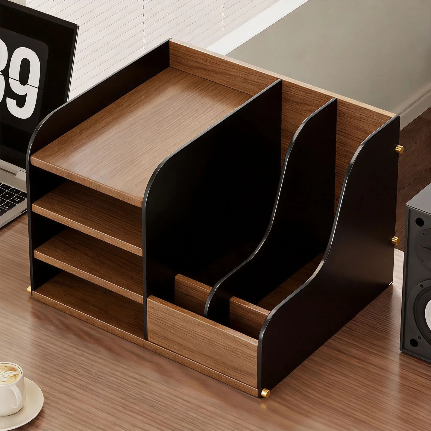 Acrylic and Wood Desktop File Display Rack, Vertical A4 Book and Document Organizer Shelf with Pen Holder for Office Desk