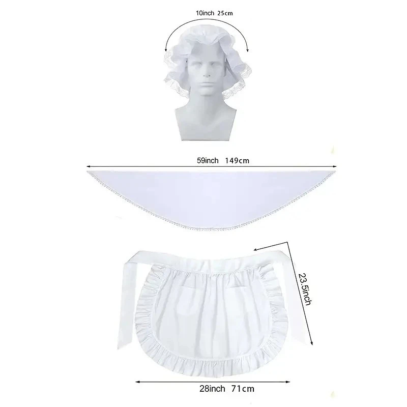 3Pcs White Ruffle Maid Costume Set Lace Trim Apron Cape Headband Hat Cosplay Accessory For Halloween Party