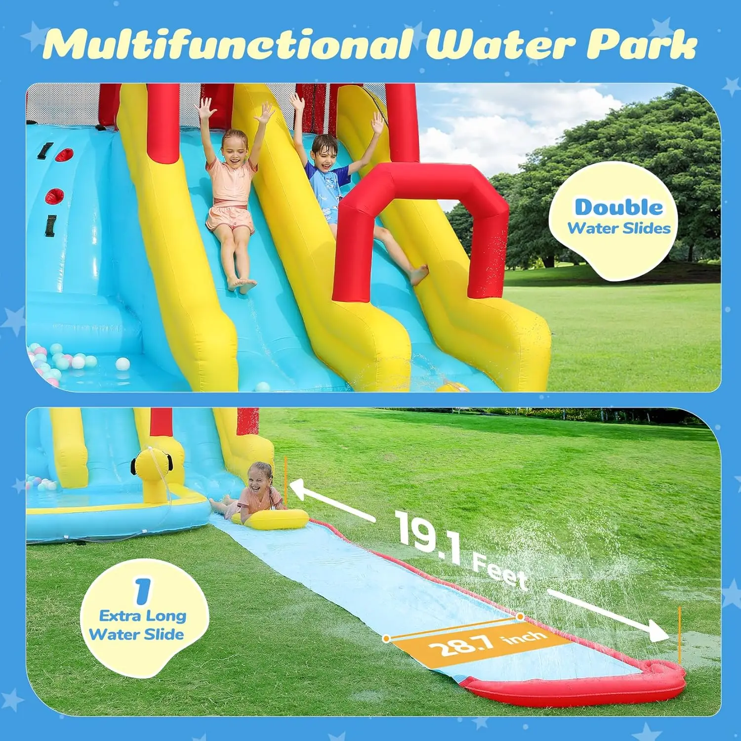 Ultra-Large 7-in-1 Inflatable Water Park for Backyard: 19ft Detachable Slip and Slide, 2 Slides, Climbing Wall, Deep Pool, Water Cannon, Bounce House with 750W Blower - Perfect for Kids