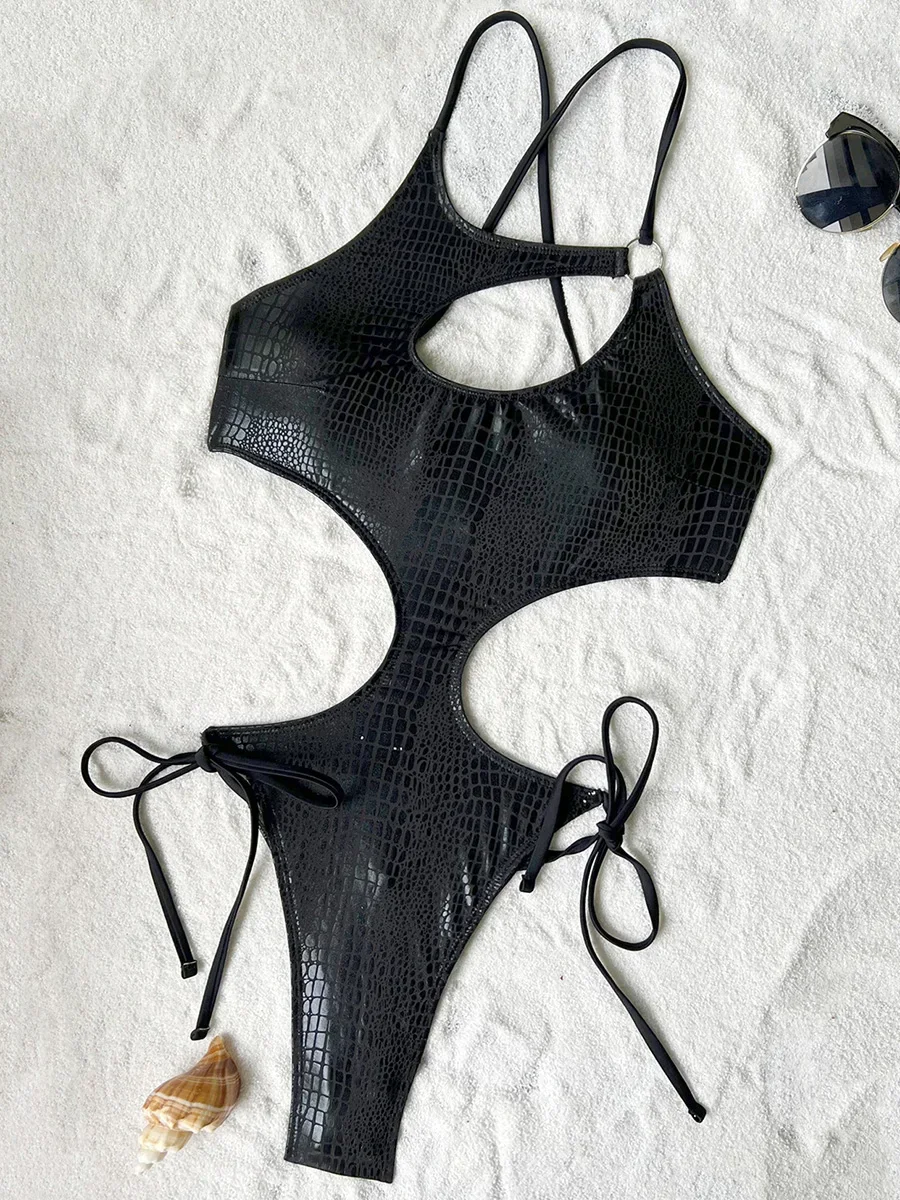 Snake Skin High Leg Cut Women Swimwear One Piece Swimsuit Female Hollow Out Monokini Cross Backless Bathing Suit Swim Beach Wear