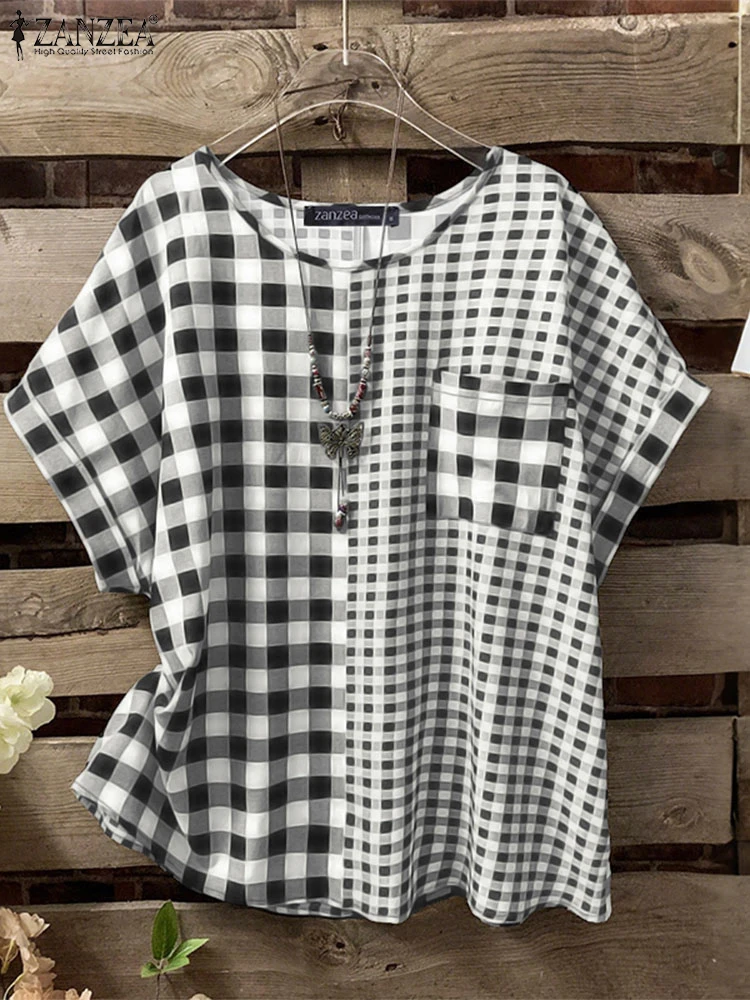 

ZANZEA Summer Women Tops 2025 Vintage Plaid Checked Short Sleeve Blouse Patchwork Shirts Casual O Neck Work Blusas Mujer Femme