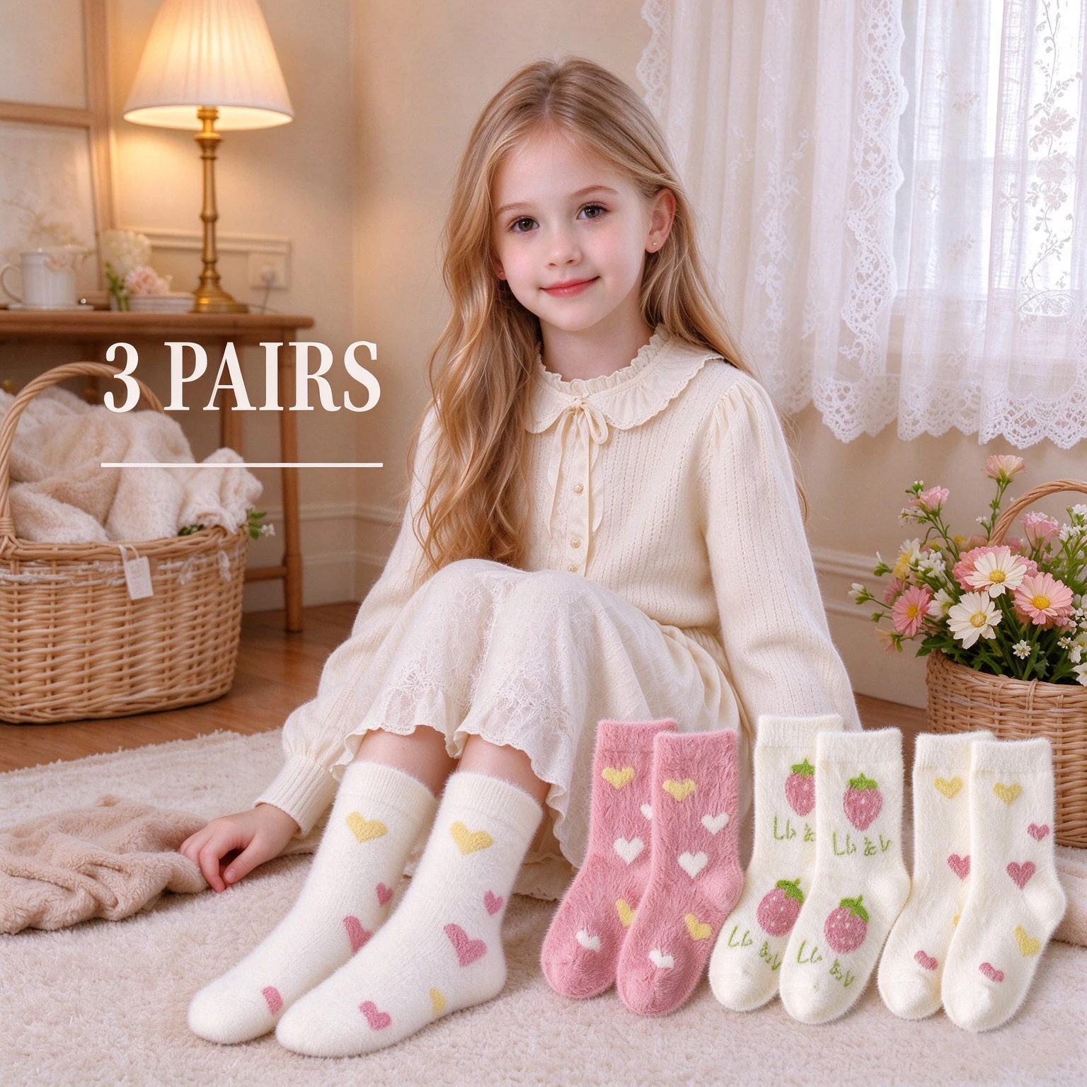 3 Pairs Kids Girls Mid Calf Socks Winter Warm Strawberry Heart Pattern Soft Thick Toddler Children Socks