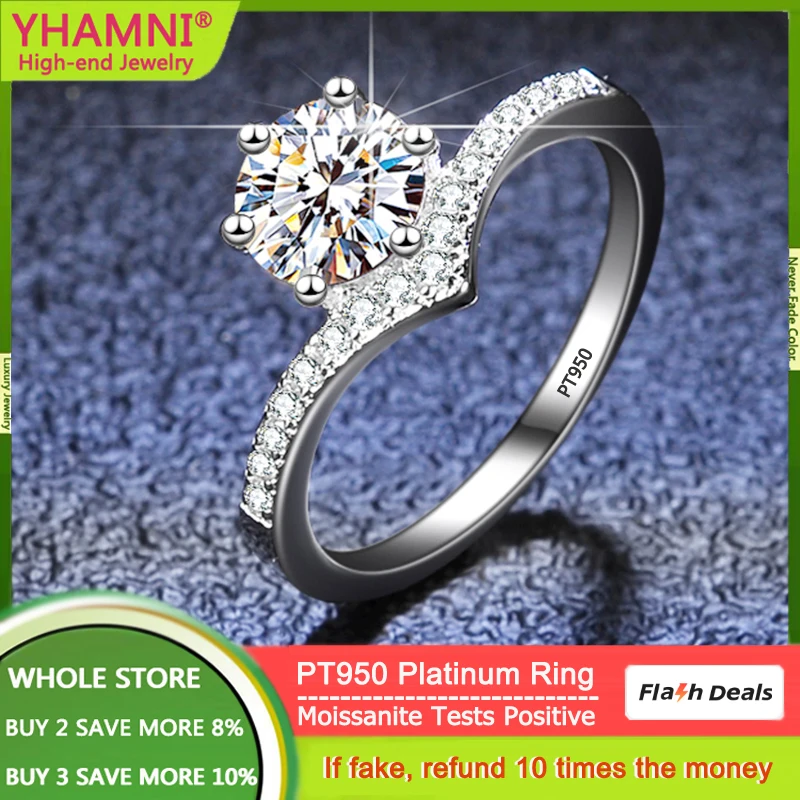 

YHAMNI New Trending V Design Luxury PT950 Platinum Rings Round 1 Carat Moissanite Diamond Rings for Women Fashion Fine Jewelry