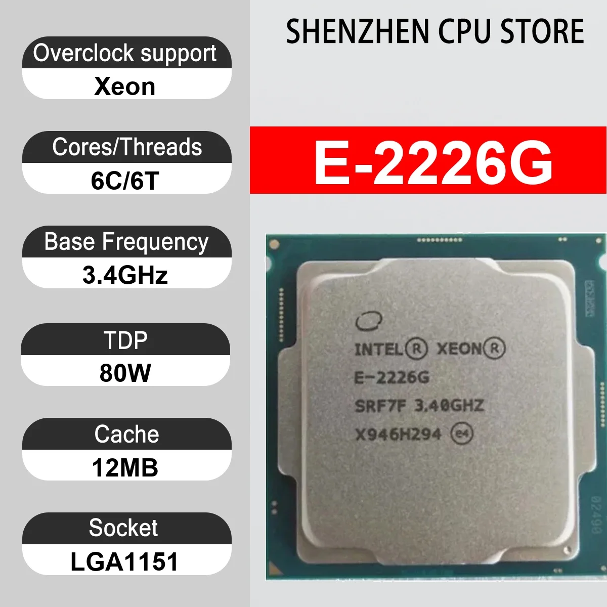 Intel Xeon E-2226G 6 Core 6 Thread 3.40GHz 80W 12MB Cache 14nm LGA1151 SRF7F DDR4-2666 MHz Coffee Lake UHD Graphics P630