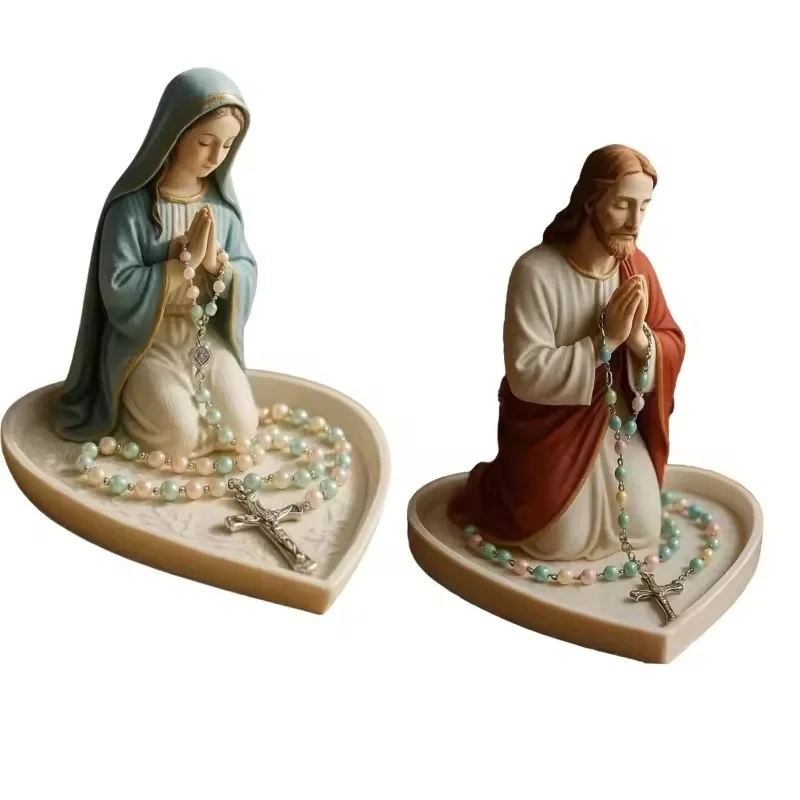 

Virgin Mary Rosary Holder Statue Resin Blessed Mother Statue Holy Mother Figure Catholic Gifts for Women Religious Home Decor