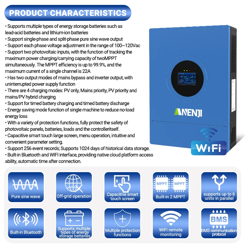 ​ANENJI 24KW 12KW 48V Split Phase Hybrid Solar Inverter 3 Phase 208V 110V/240Vac Pure Sine Wave MPPT 220A Solar Charger PV 500V