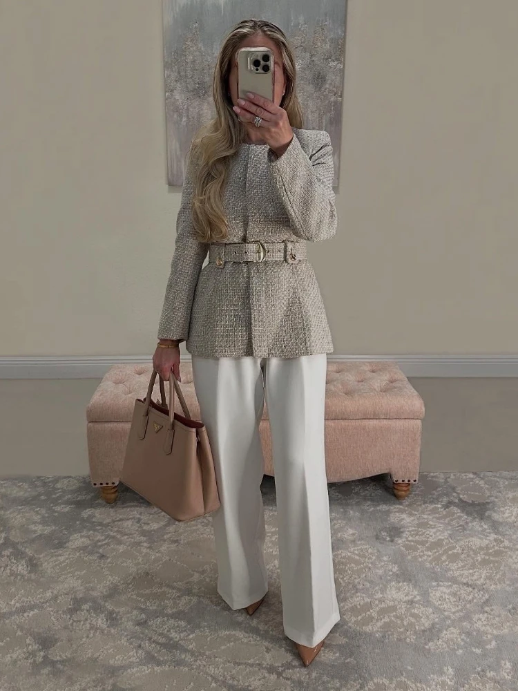 ผู้หญิง SHINY Sequined เสื้อแจ็คเก็ตเข็มขัดหลวมลูกเรือคอยาวแขนยาว COMMUTER SINGLE Breasted Coat ฤดูใบไม้ผลิฤดูร้อนใหม่ CHIC TOP