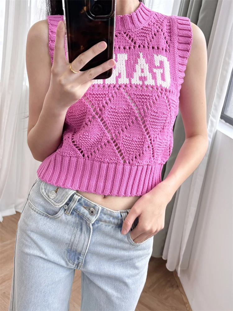 Sweater Vest Kawaii Pink Vest Dopamine Knit Logo Sweater Slim Fit Round Neck Knit Women's GA Cable Knit Sweater Vest Crew Neck