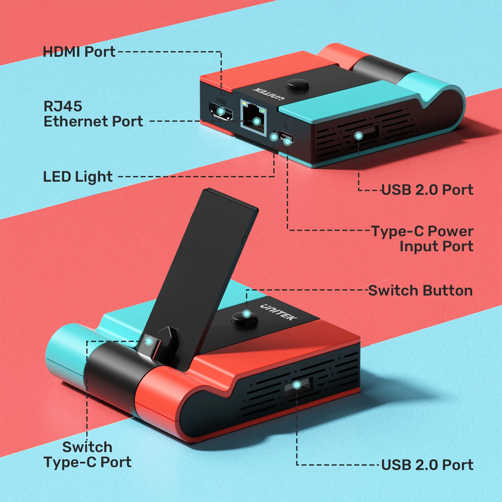 Unitek Game Dock for Nintendo Switch OLED with 45W PD Charging LAN Gigabit Ethernet 4K HDMI Hub Gaming Docking Station for TV