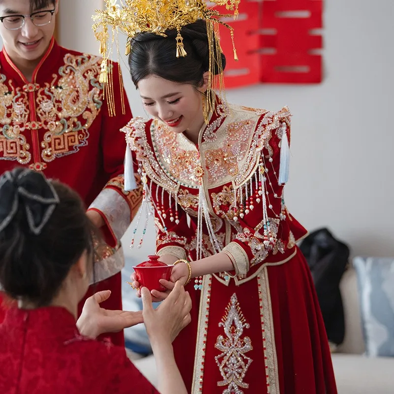 Luksusowa suknia ślubna w nowym stylu z motywem smoka i feniksa, chińska suknia ślubna, na toast, na wyjście.
