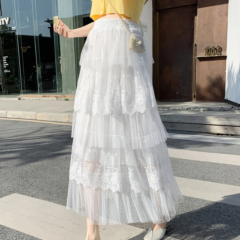 Street Style White Embroidery Pleated Long Skirts Summer Fashionable Mesh Elastic Waist Skirt 2026 Casual Solid A Line Skirts