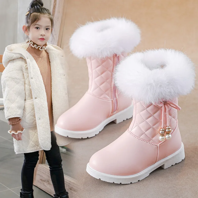 Girls Princess Boots Warm Shoes for Winter Kids Long Boots with Fur 2025 New Fashion Sweet Girls Leather Snow Boots with Bow