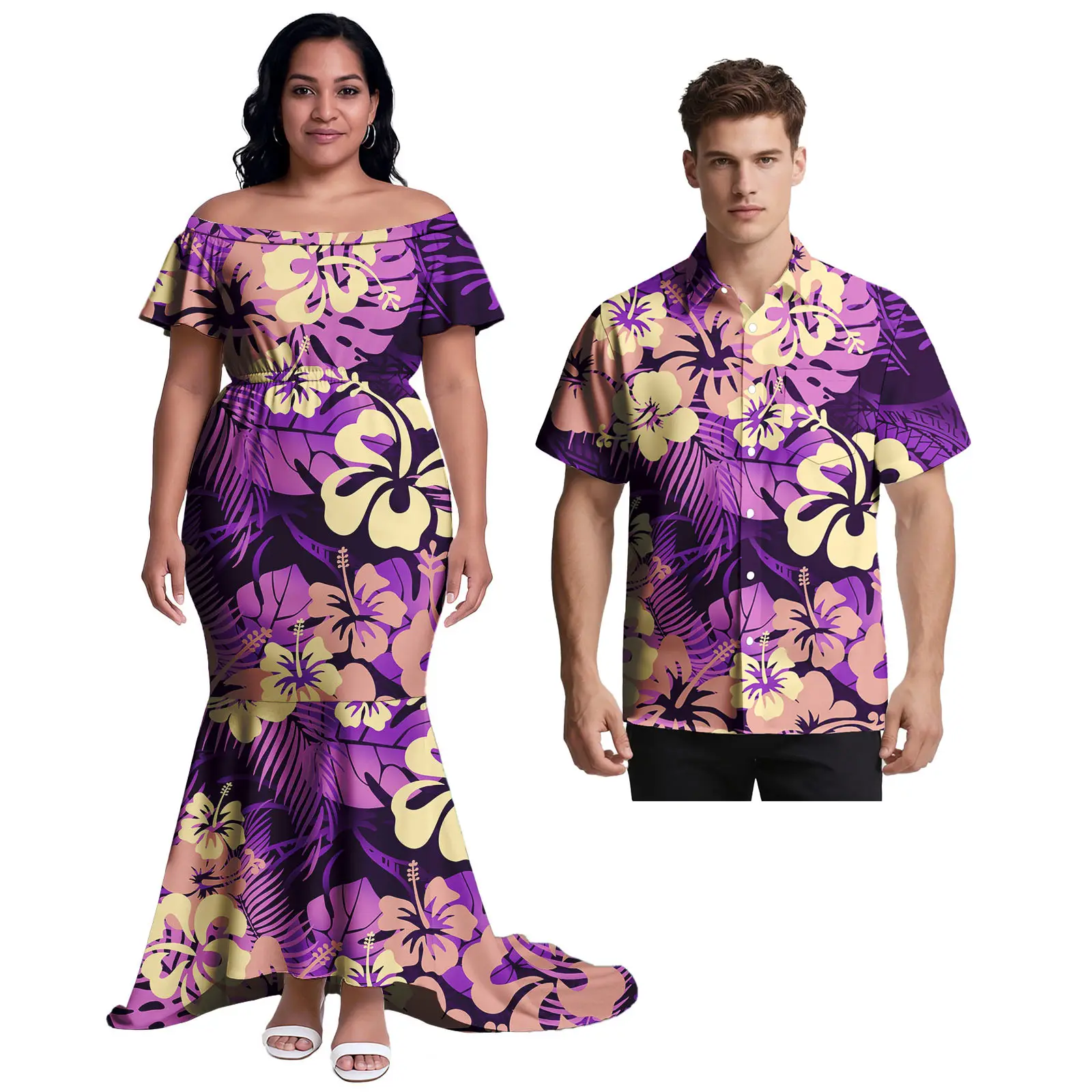 فستان حورية البحر قميص هاواي صيفي للزوجين Monstera Leaf Island Print Aloha قميص ذيل السمكة تنورة بولينيزية للزوجين ملابس متطابقة
