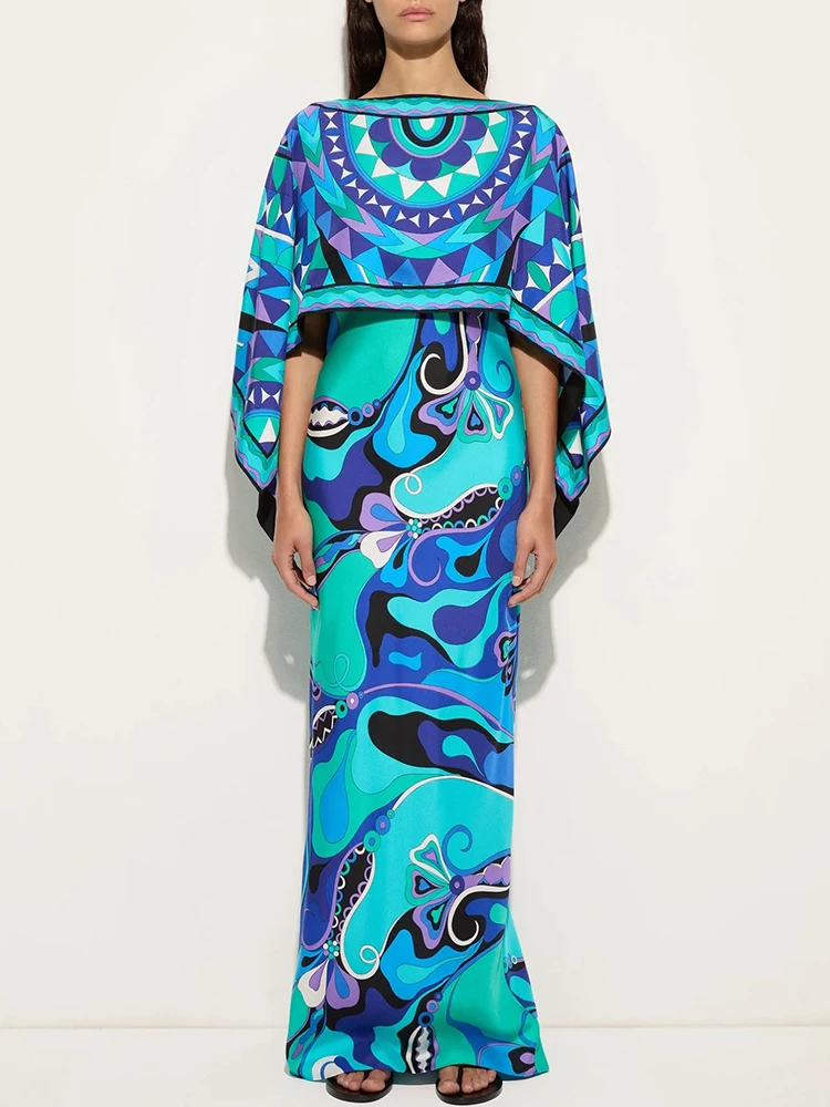 Spring Summer Fashion Party Elegant Geometric Print Long Dress Suit Women's O-Neck Batwing Sleeve Top+Spaghetti Strap Slim Dress