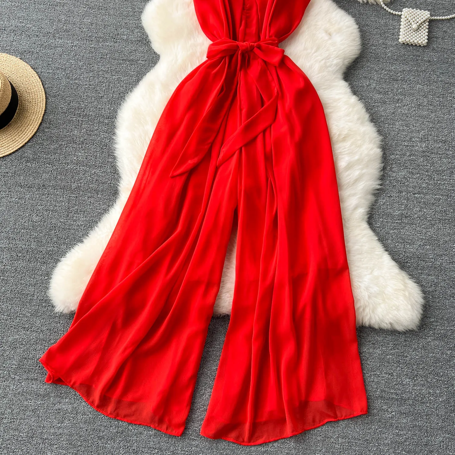 Chic Vintage  off shoulder sleeveless Solid slip Top Jumpsuit Elegant High Waist Casual Wide Leg Pants Summer Women Playsuit