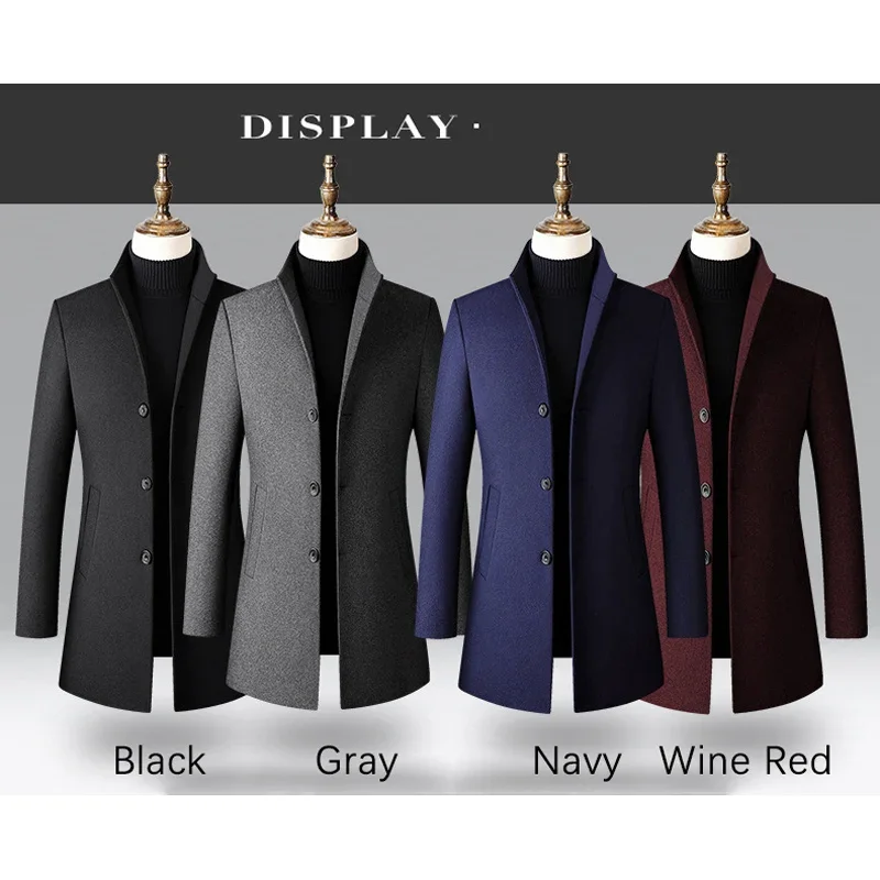 BROWON Brand Long Jackets for Men 2024 New Autumn and Winter Solid Color Men Woolen Coat Business Casual Windbreaker Men Trench