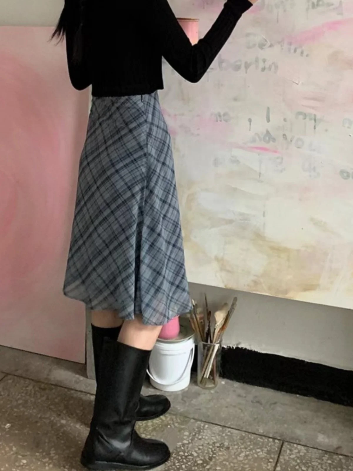 Trendy Plaid  Skirt High Waist Korean Style Commute A-Line Midi Skirt for Young Women 18-24 Years Old Autumn Season