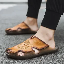 Real Cowhide Men's Slippers Summer Men Outdoors Slippers Wear Home Korean Style