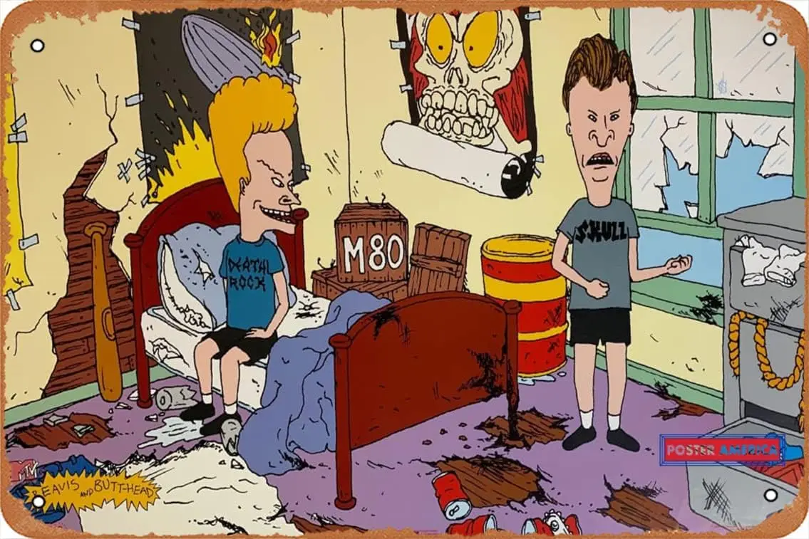 Metal sign Beavis and Butt-Head Wrecked Room MTV Network Rare 1993 Poster Metal Sign Wall Decor Garage Shop Bar Living Room Wall