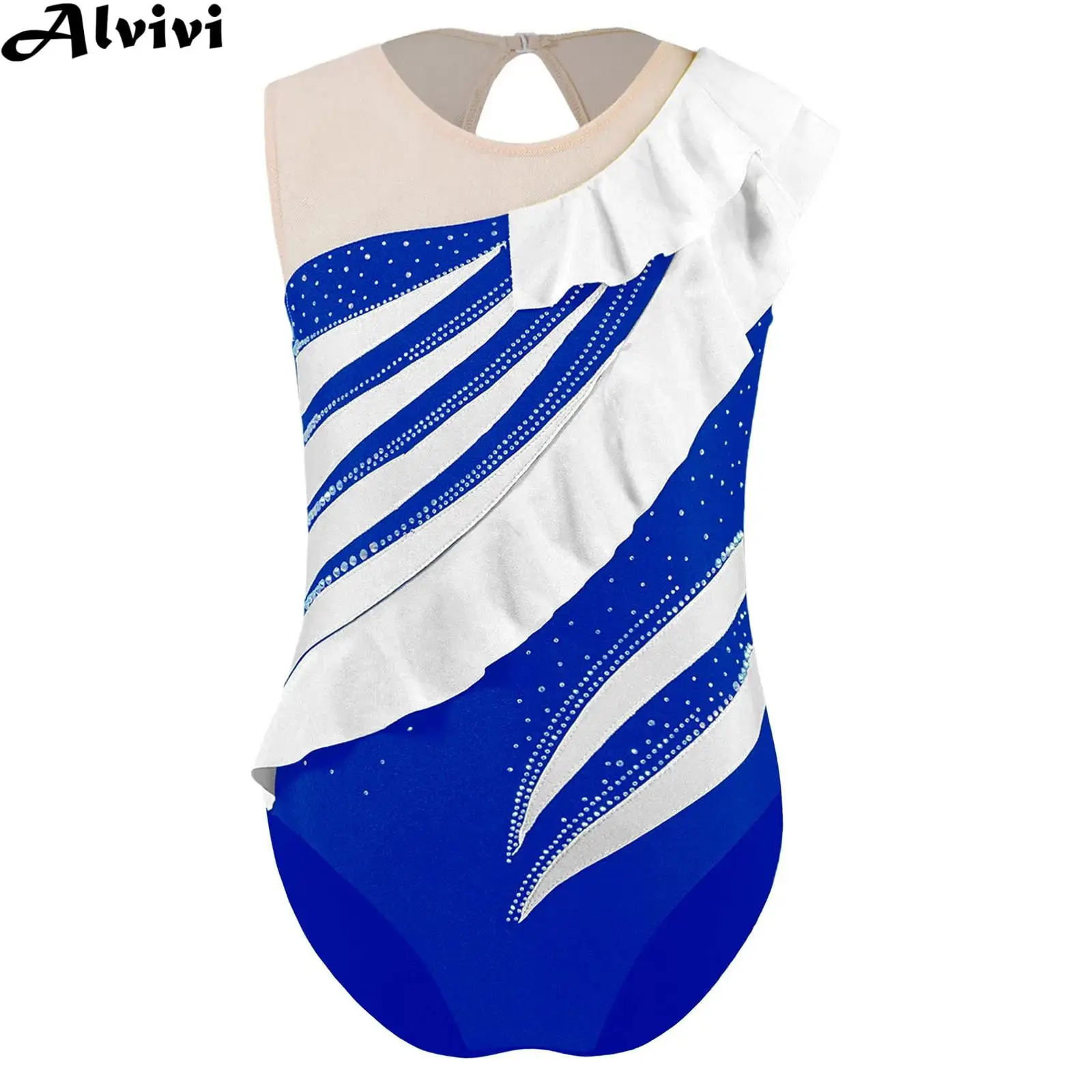 Children Girls Ballet Dance Gymnastics Leotard Sleeveless Ruffles Shiny Rhinestones Bodysuit for Figure Skating Acrobatics Yoga