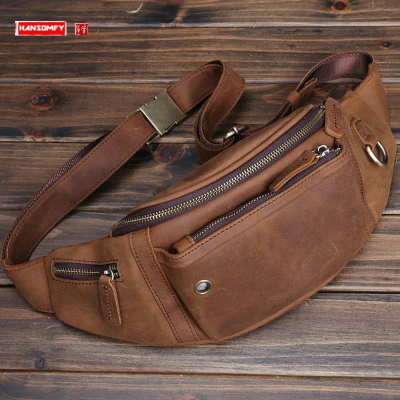 

Genuine Leather Waist Bag Men's Chest Bag Large Capacity Crazy Horse Leather Crossbody Bag Mobile Phone Bag Retro Casual Packs