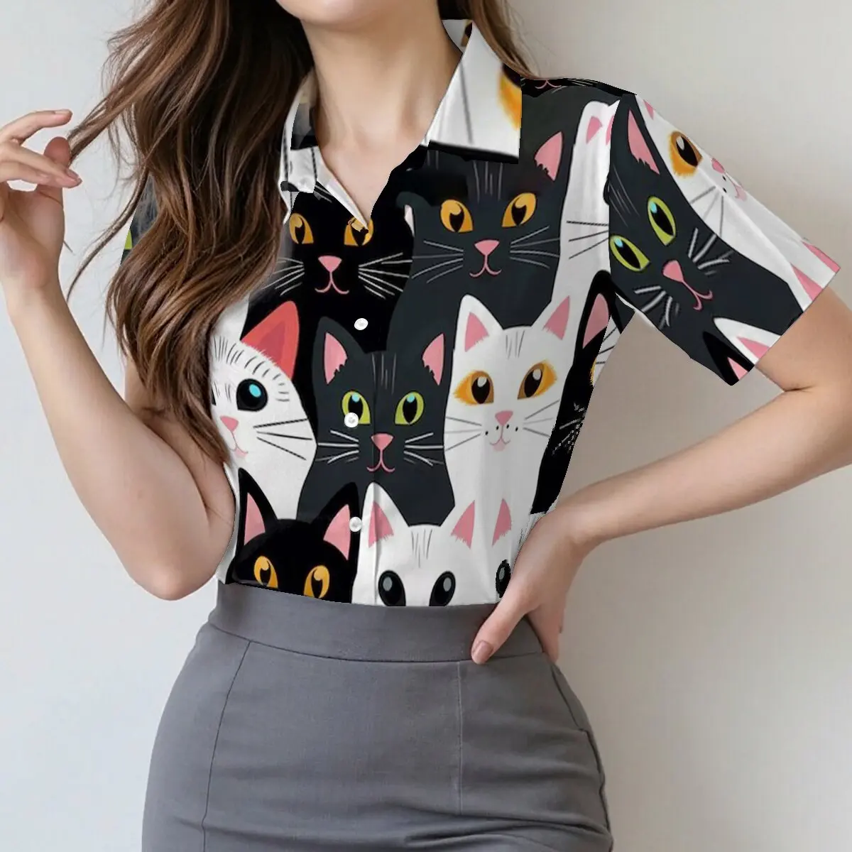 

Simple and personalized cartoon cat print women's summer collar short sleeved shirt, fashionable daily versatile top