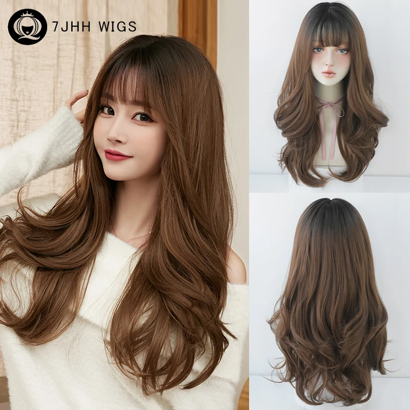 7JHH WIGS Long Body Wave Honey Blonde Wigs with Dark Roots High Density Synthetic Loose Brown Hair Wig for Women Use 24Inches