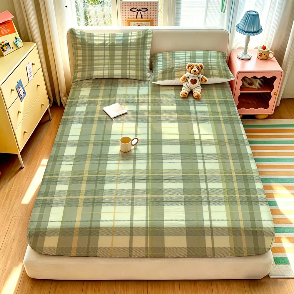 90G 3-Piece Bedding Set 1 Fitted Sheet + 2 Pillowcases Light Green Plaid Pattern Soft Microfiber Bed Sheet Set for Bedroom
