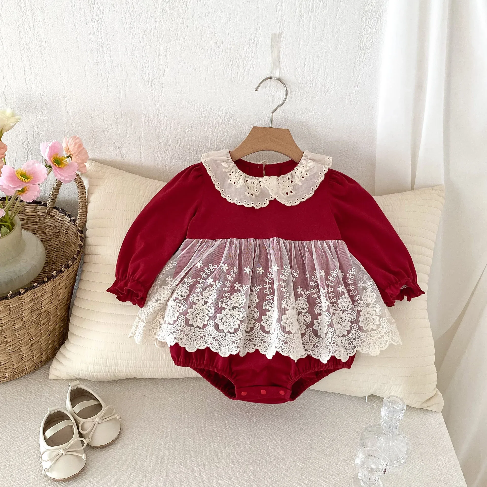 2024 Autumn Baby Girls Clothing Newborn Bodysuit 0-24M Infant Cute Lace Floral Patchwork Dress Toddler One Piece Clothes