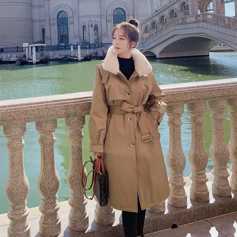

2025 Women's Lamb Sherling Parka Coat Mid Long Waist Belt Jacket Winter Warm Fleece Lined Trench Coat