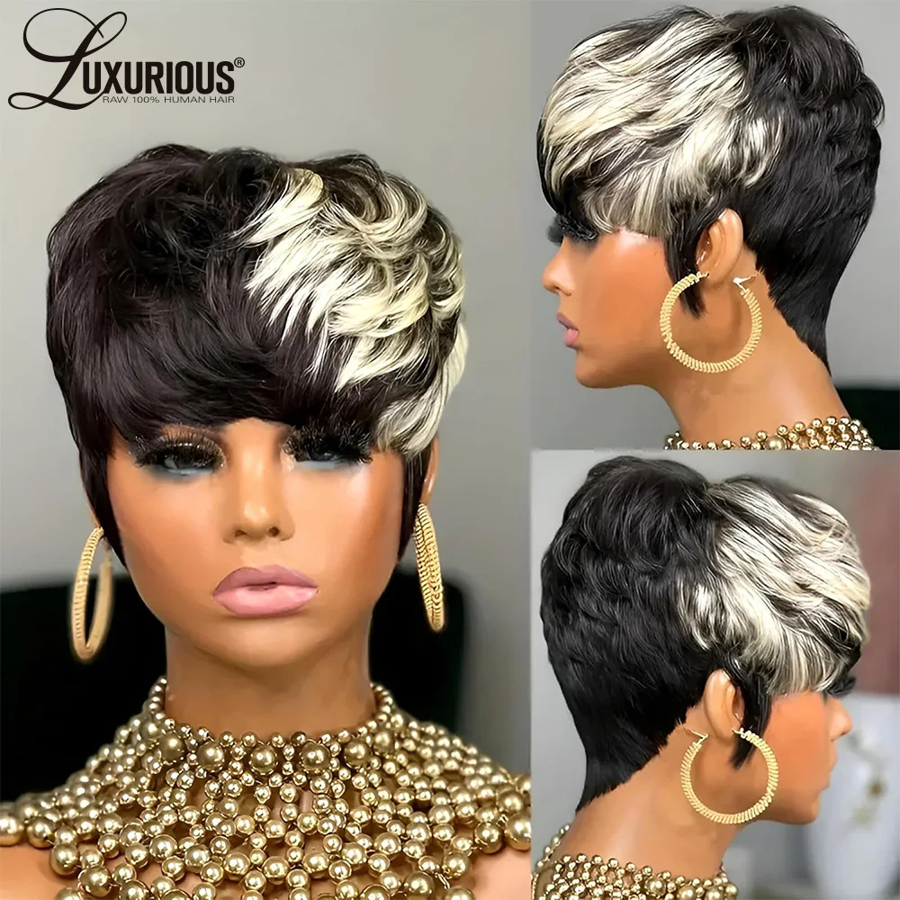 Pixie Cut Short Straight Full Machine Made Wigs Burgundy Ginger Glueless Wig  Brazilian Virgin Human Hair Wigs For Black Women