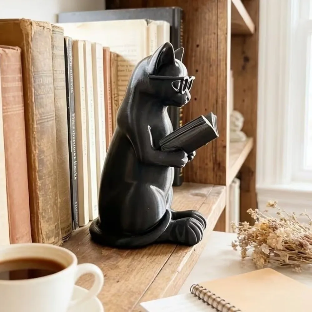 Funny 3D Printed Reading Cat Figurine Plastic Intellectual Glasses Cat Statue Artistic Cat Sculpture Bookshelf Decor