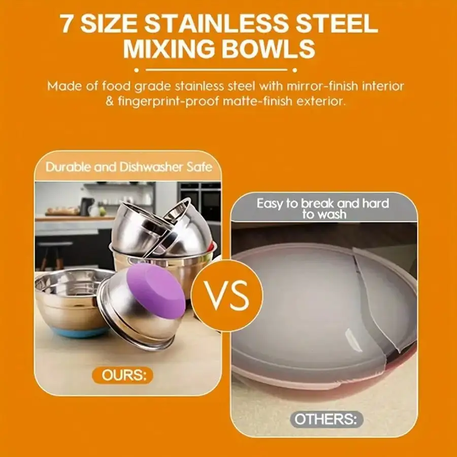 1,5-7Qt 7-teiliges Rührschüssel-Set: Luftdichte HIHEGD-Deckel, rutschfeste Silikonunterseite aus Edelstahl