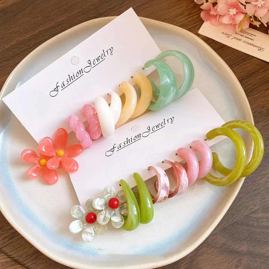 10pcs/20pcs Resin Exaggerated Earrings Set for Women Colorful Flower Stud And C-Shaped Twisted Hoops Cute Dopamine Style Jewelry