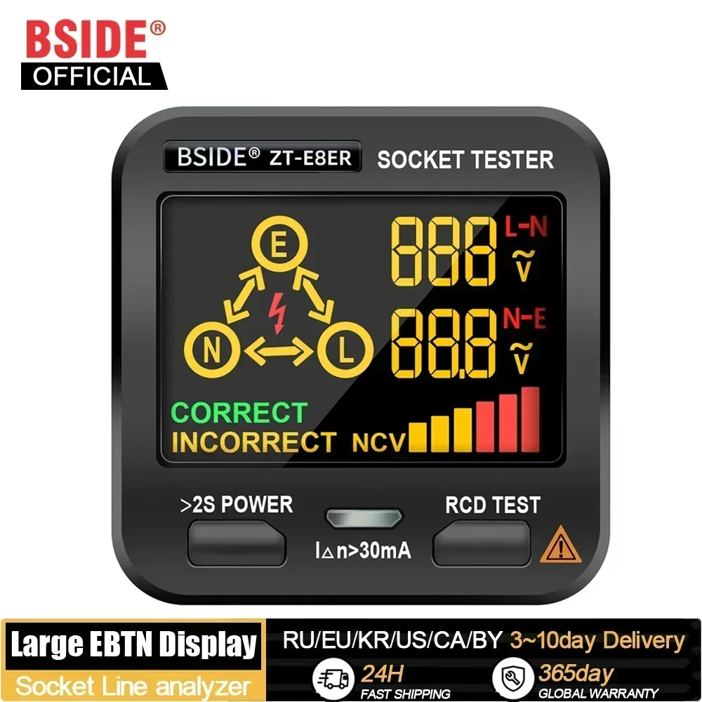 BSIDE Socket Tester Smart Voltage Detector Outlet Checker RCD GFCI Test NCV Live Neuter wire Test EU US UK Plug Meter