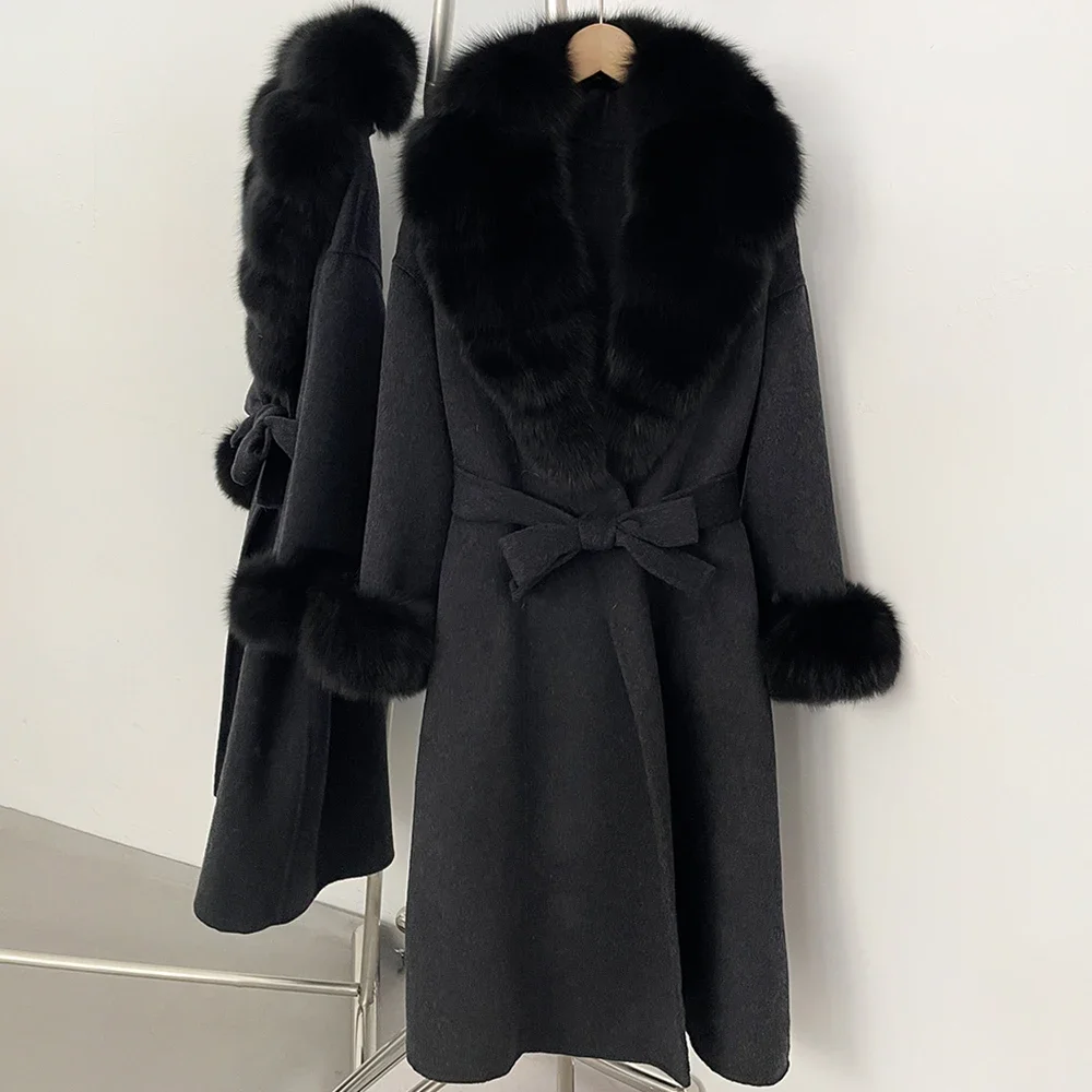 OFTBUY Neue Luxus-Winterkleidung Damen Mittellanger 100% Wollmantel Echter Fuchspelzkragen Gürtel-Wickeljacke aus Wolle für Damen – Detail 28