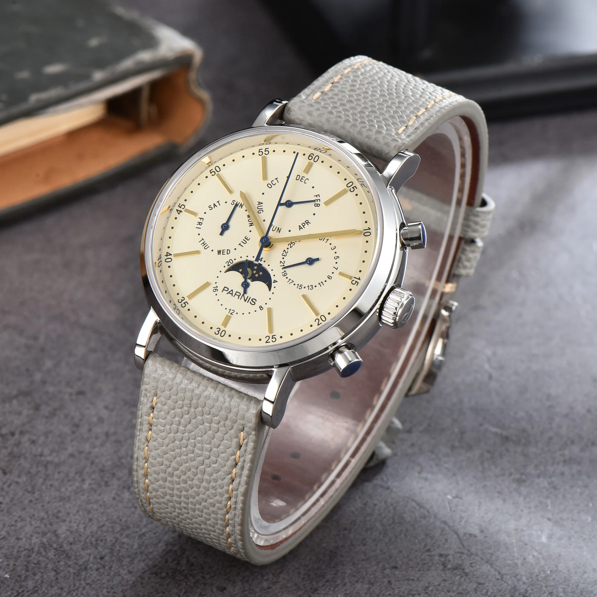 

Новые механические мужские часы Parnis с серебряным корпусом 40 мм, кожаный ремешок с календарем, автоматические часы для мужчин, reloj hombre 2025, мужские подарочные часы
