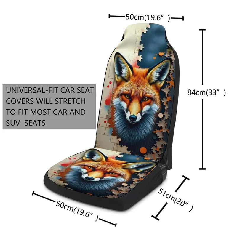 2pcs Set Fox Visual Effect  Print Universal Single-Seat Car Seat Cover, Suitable for Most Car Models