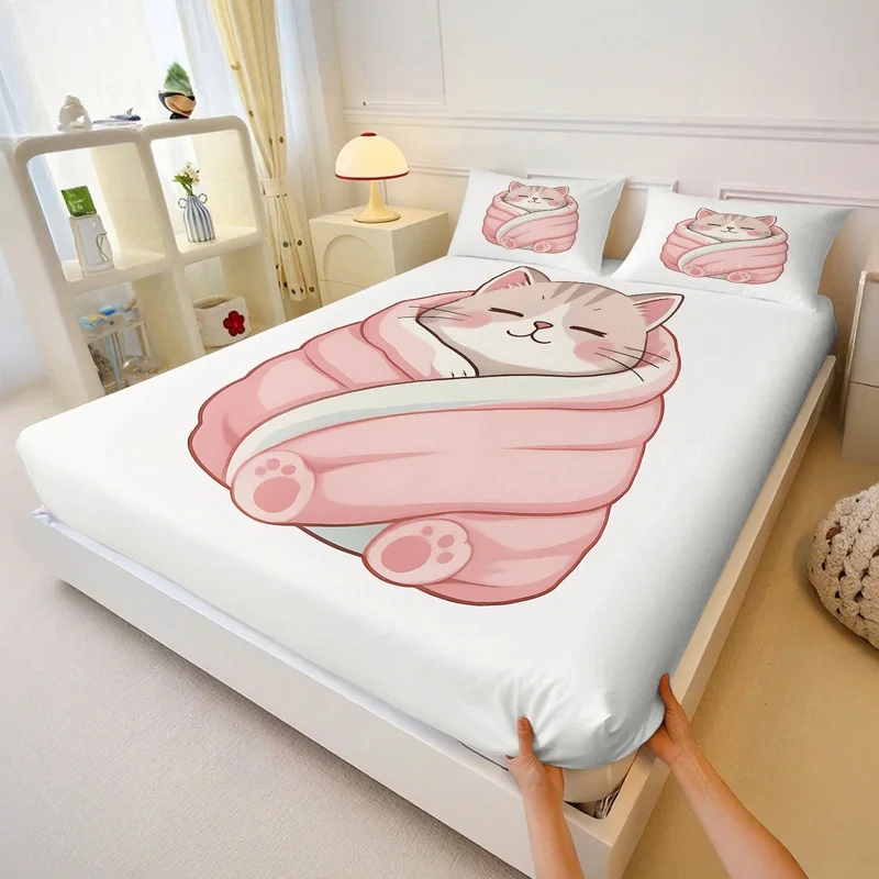 Cute Cat Print Fitted Sheet Set Cozy Sleepy Cat Wrapped In Blanket Bed Sheet Set Elastic Deep Pocket Bed Linen Kawaii Decor Gift