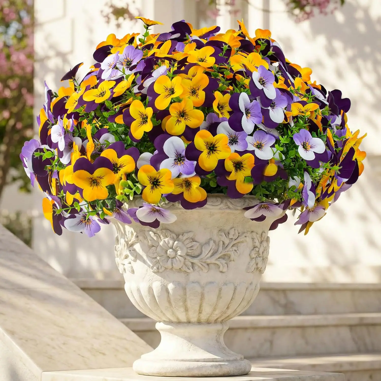 

32 Pcs Artificial Pansy Flowers for Outdoors UV Resistant Faux Silk Spring Flowers for Outside, Realistic Pansies for Wi