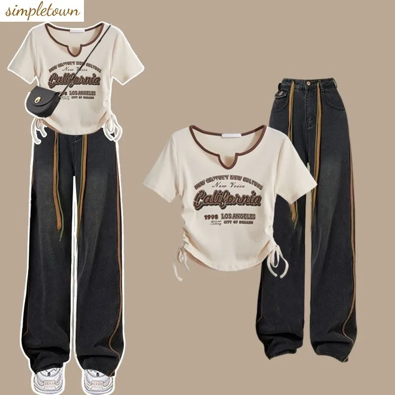 

Large Women's Spring/Summer Korean Edition Set 2024 New Fashion Spicy Girl Top Slimming Jeans Two Piece Set Trendy