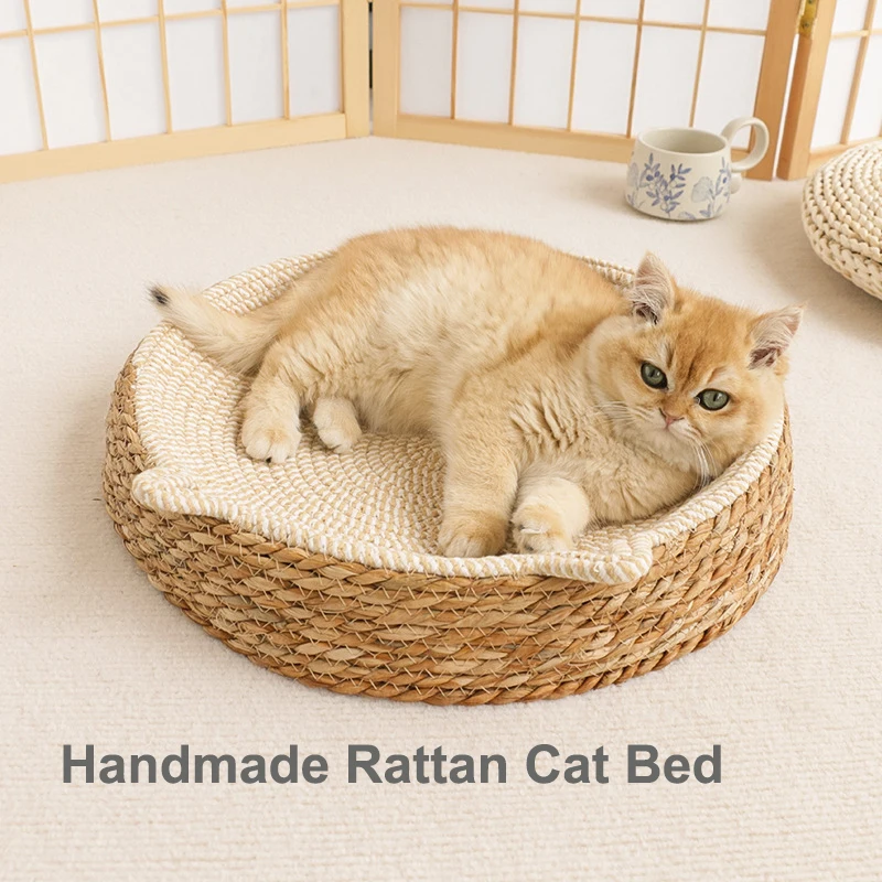 

Four Seasons Cat Bed Sofa Cat Scratch Wear-Resistant Cat Bed Natural Rattan Weave Dog Cat House Pet Sleeping Bed