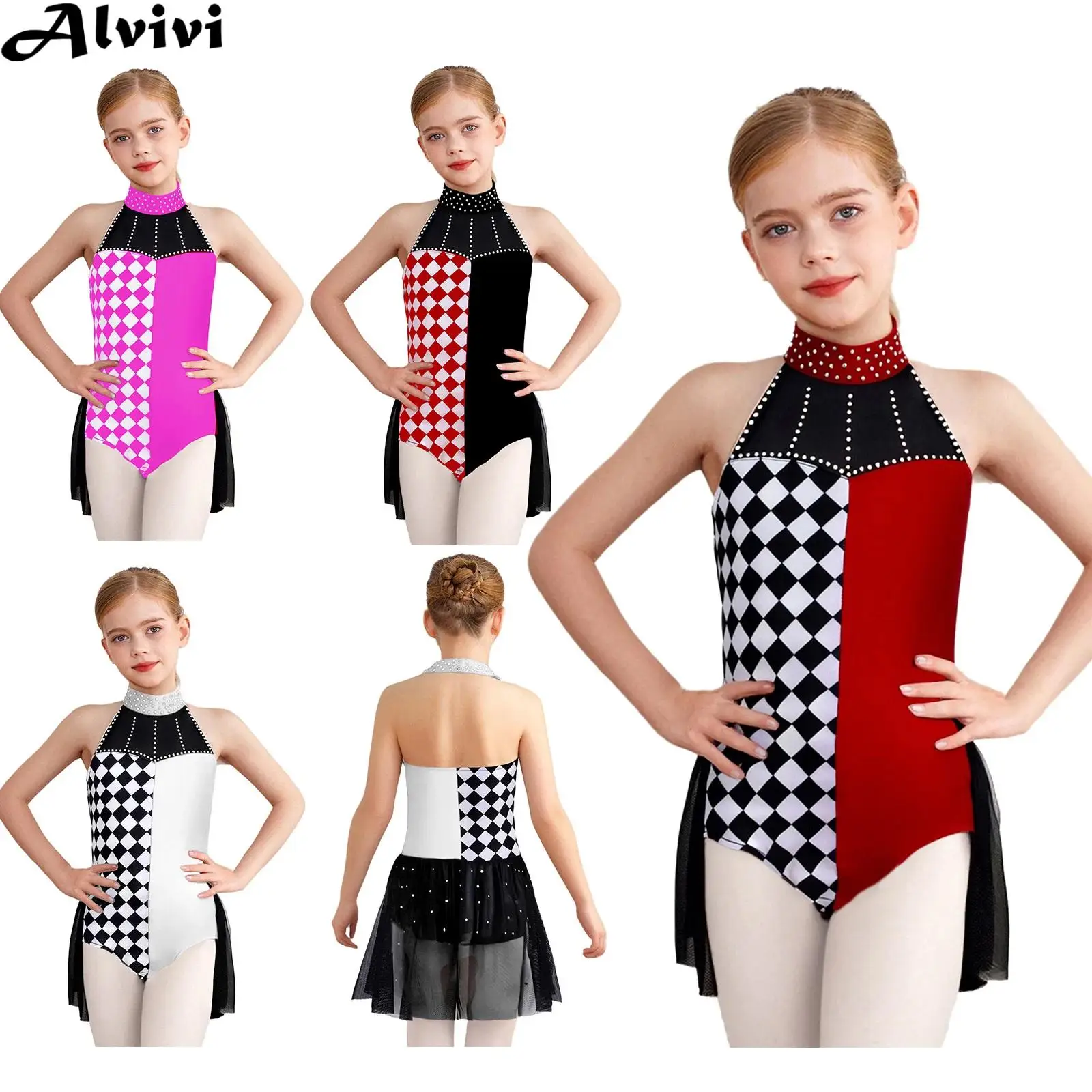 

Платье-трико для танцев без рукавов со стразами для девочек, тематическая вечеринка на Хэллоуин, карнавал, цирковой клоун, гонщик, карнавальный костюм водителя