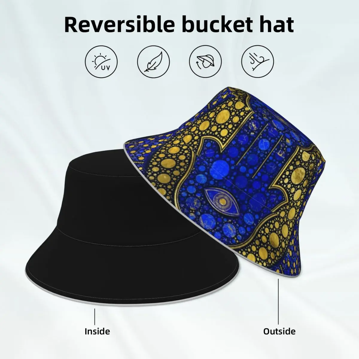 Hamsa Hand Bucket Hat Hand of Fatima Dot Art Men Women Summer Fisherman Hats Reversible Fashionable Reflective Sun Hat